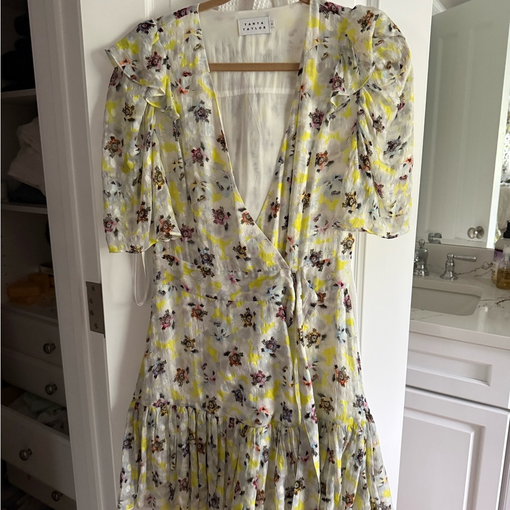 Tanya Taylor White Floral Wrap Mini Dress with Yellow Accents
